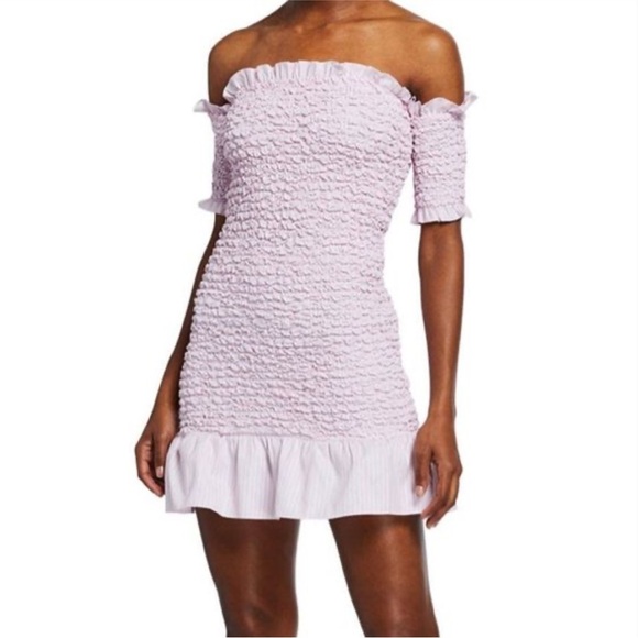 NWT Petersyn Revolve Diana Smocked Off The Shoulder Ruffle Pink Dress Women's M - Picture 1 of 8